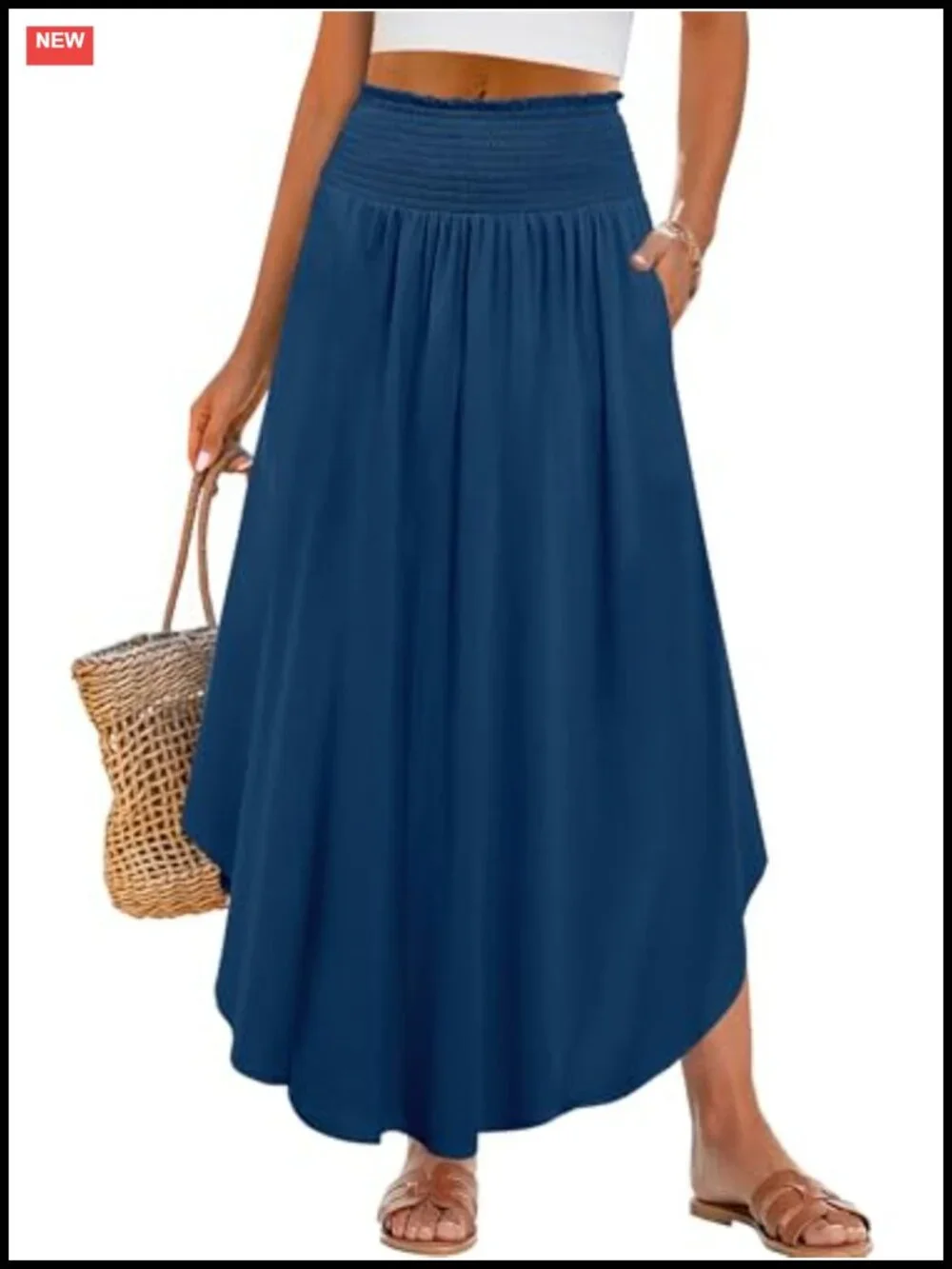 Women's High Waisted Flowy Swing Maxi Skirt with Pockets Boho Pleated Beach
